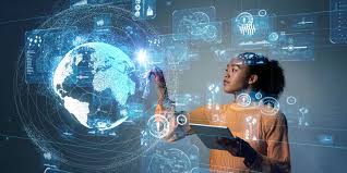  Integración entre la educación y la tecnología digital. Una persona interactúa con un globo terráqueo virtual y pantallas holográficas, representando cómo la innovación tecnológica transforma la enseñanza, el aprendizaje y la conexión globa